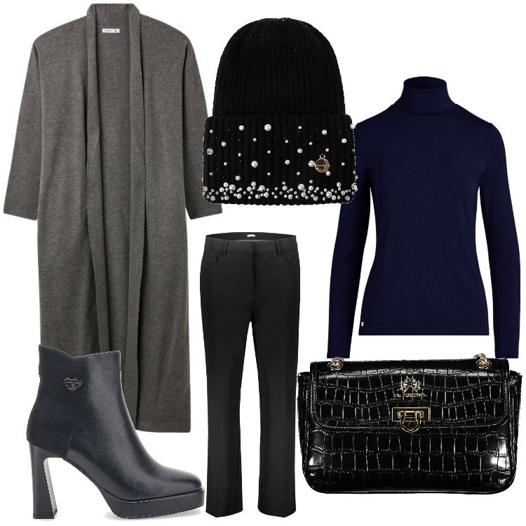 Outfit donna - Cappello e perline. Stile Casual chic per Serata fuori. Abbinamento con cardigans, berretti, vestiti, pantaloni, stivaletti, borse a tracolla.