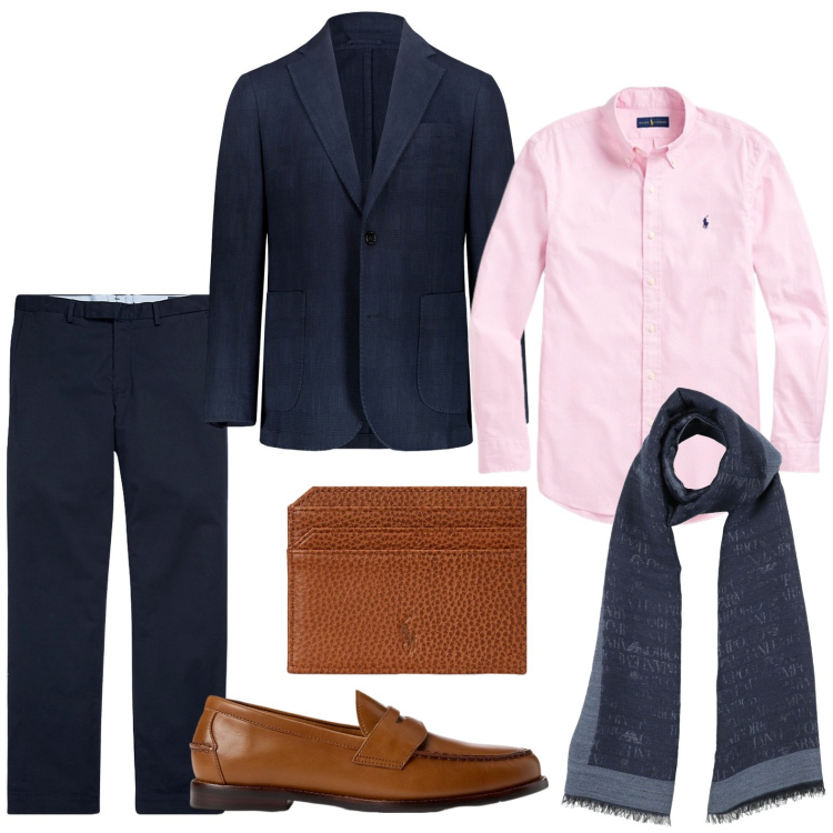 Outfit uomo - Indimenticabile in blu. Stile Casual per Serata speciale. Abbinamento con sciarpe, scarpe stringate, pantaloni chino, portafogli, camicie, giacche.