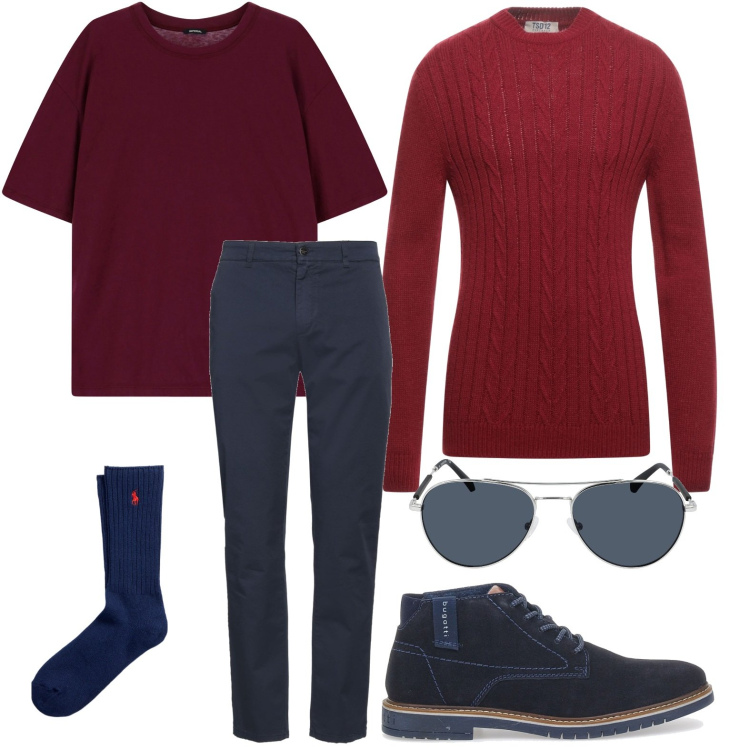 Outfit uomo - Il maglione vinaccia. Stile Casual per Tutti i giorni. Abbinamento con pullovers, pantaloni chino, t-shirt, calzini, scarpe stringate, occhiali da sole.