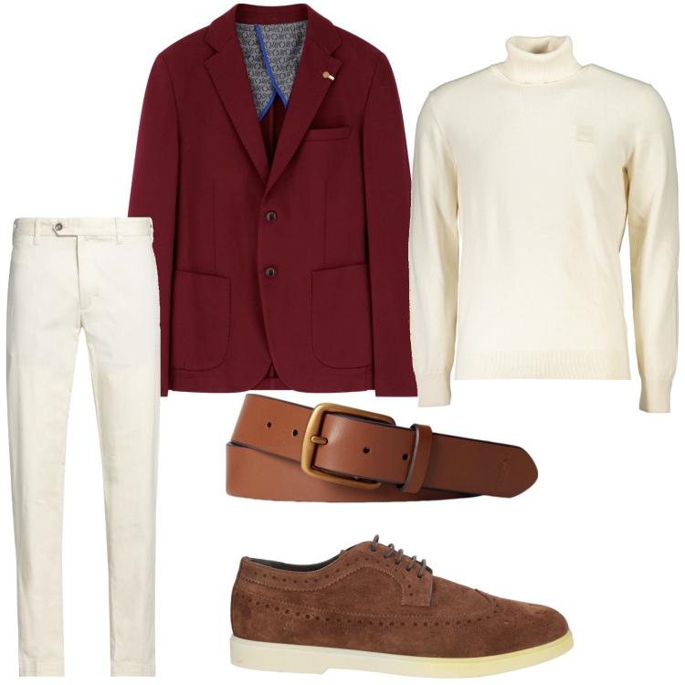 Outfit uomo - Sofisticato in bordeaux. Stile Trendy per Serata speciale. Abbinamento con pantaloni chino, scarpe stringate, giacche, cinture, maglieria.