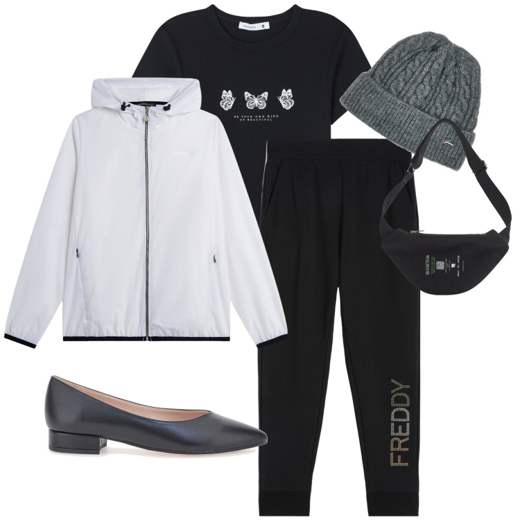Outfit donna - Total look. Stile Casual per Tutti i giorni. Abbinamento con marsupi, t-shirt, pantaloni, blazer, ballerine, berretti.