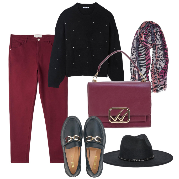 Outfit donna - Il cappello passpartout !. Stile Casual chic per Tutti i giorni. Abbinamento con pantaloni, maglieria, mocassini, foulard, cappelli, borse a tracolla.