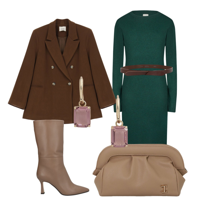 Outfit donna - Verde e marrone. Stile Casual per Ufficio. Abbinamento con stivali, borse a mano, blazer, cinture, orecchini, vestiti midi/longuette.