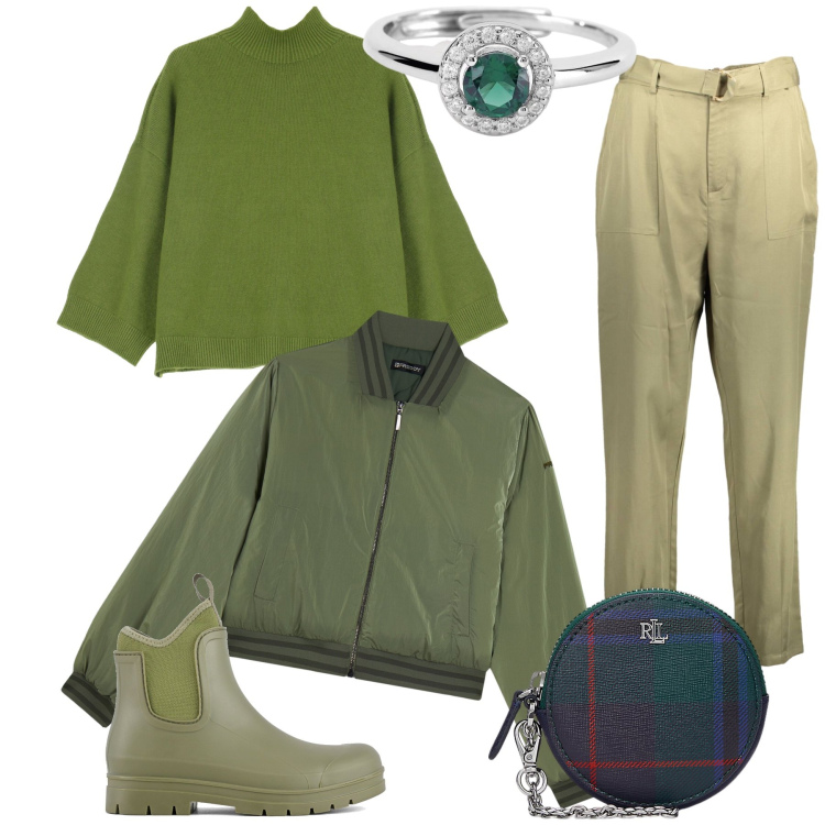 Outfit donna - Green passion. Stile Trendy per Tutti i giorni. Abbinamento con anelli, pullovers, bomber, pochette, stivali, pantaloni.