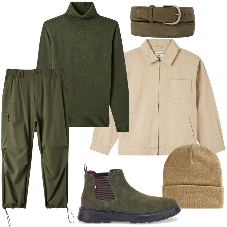 Outfit uomo - Il verde è essenziale. Stile Casual per Ufficio. Abbinamento con pantaloni, giacche, maglieria, berretti, cinture, stivali e stivaletti.