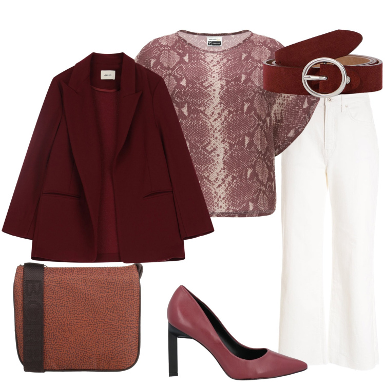Outfit donna - Bianco e bordeaux. Stile Casual per Tutti i giorni. Abbinamento con décolleté, borse a tracolla, blazer, cinture, pantaloni culotte, maglieria.