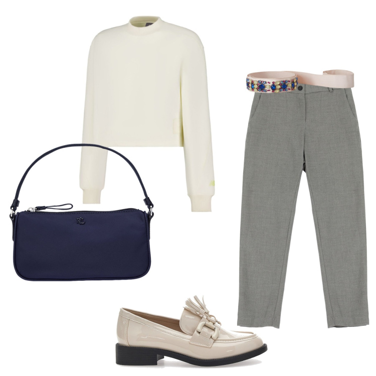 Outfit donna - Color panna, grigio e blu. Stile Casual per Ufficio. Abbinamento con felpe, pantaloni, pochette, mocassini, cinture.