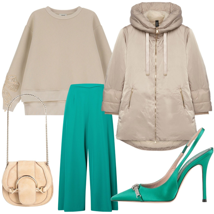 Outfit donna - Palazzo curvy. Stile Casual chic per Serata fuori. Abbinamento con marsupi, décolleté, pantaloni a palazzo, felpe, piumini.