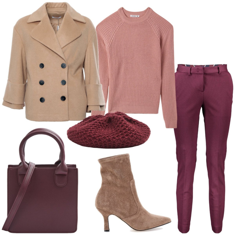 Outfit donna - Total look #1991896. Stile Casual chic per Tutti i giorni. Abbinamento con maglieria, cappelli e berretti, shopping bag, cappotti, pantaloni, stivaletti.