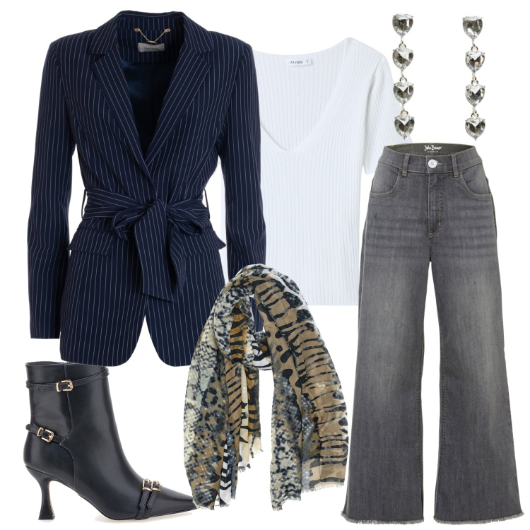 Outfit donna - Blu & Grigio. Stile Bon Ton per Tutti i giorni. Abbinamento con jeans, orecchini, t-shirt, blazer, sciarpe, stivaletti.