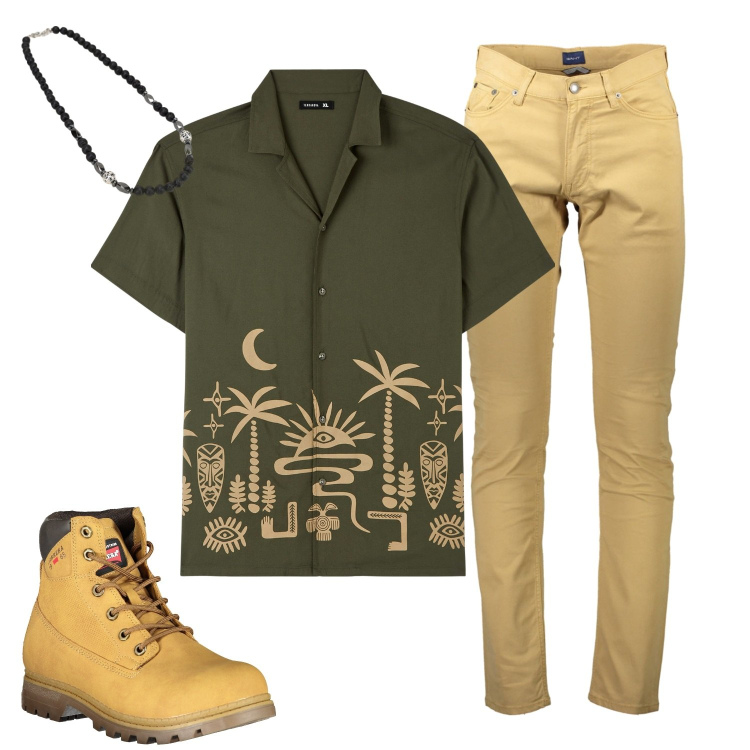 Outfit uomo - Oasi. Stile Trendy per Tutti i giorni. Abbinamento con camicie a manica corta, collane, pantaloni, stivali.