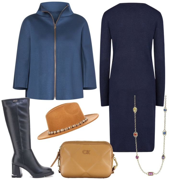 Outfit donna - Total look #1991907. Stile Casual chic per Tutti i giorni. Abbinamento con collane, cappe, cappelli, stivali, vestiti midi/longuette, borse a tracolla.