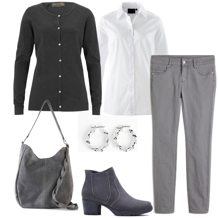 Outfit donna - Grey by Bonprix. Stile Casual chic per Tutti i giorni. Abbinamento con stivaletti, camicie, orecchini, borse a mano, jeans skinny, cardigans.