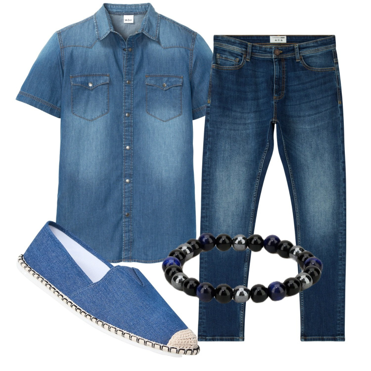 Outfit uomo - Jeans. Stile Trendy per Tutti i giorni. Abbinamento con camicie a manica corta, espadrillas, jeans skinny, braccialetti.