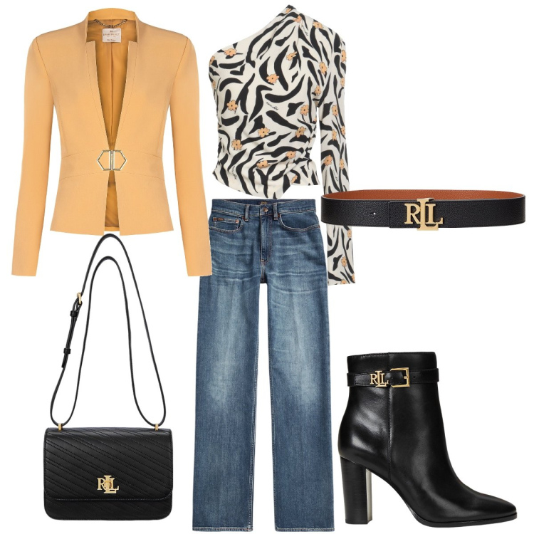 Outfit donna - Stile Casual Chic con Dettagli Eleganti. Stile Casual chic per Serata fuori. Abbinamento con top, blazer, cinture, stivaletti, jeans dritti, borse a spalla.