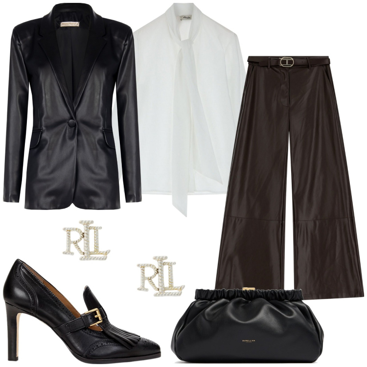 Outfit donna - Mannish chic. Stile Mannish per Serata fuori. Abbinamento con blazer, pantaloni, camicie, décolleté, orecchini, pochette.