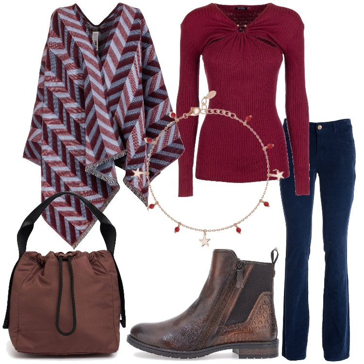 Outfit donna - Mood etnico con la mantella. Stile Etnico per Tutti i giorni. Abbinamento con braccialetti con ciondoli, cappe, maglieria, pantaloni, stivaletti chelsea, pochette.