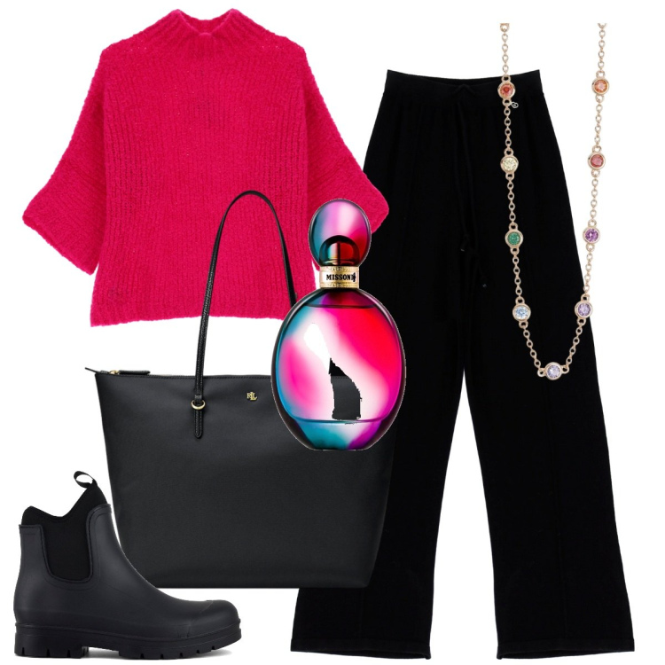 Outfit donna - Maglieria avvolgente - Focus donna curvy. Stile Casual chic per Tutti i giorni. Abbinamento con profumi, collane, pantaloni, maglieria, borse tote, stivali.