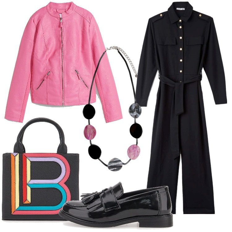 Outfit donna - Il biker colorato. Stile Trendy per Serata fuori. Abbinamento con giacche sportive, tute, mocassini, borse a mano, collane.