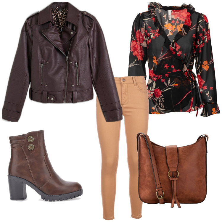 Outfit donna - Brown outfit. Stile Casual per Tutti i giorni. Abbinamento con borse a tracolla, blazer, bluse, jeans skinny, stivaletti.