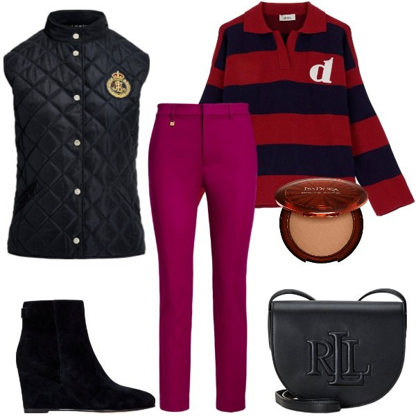 Outfit donna - Look city. Stile Casual per Tutti i giorni. Abbinamento con terre, polo, borse a tracolla, piumini, pantaloni, stivaletti.