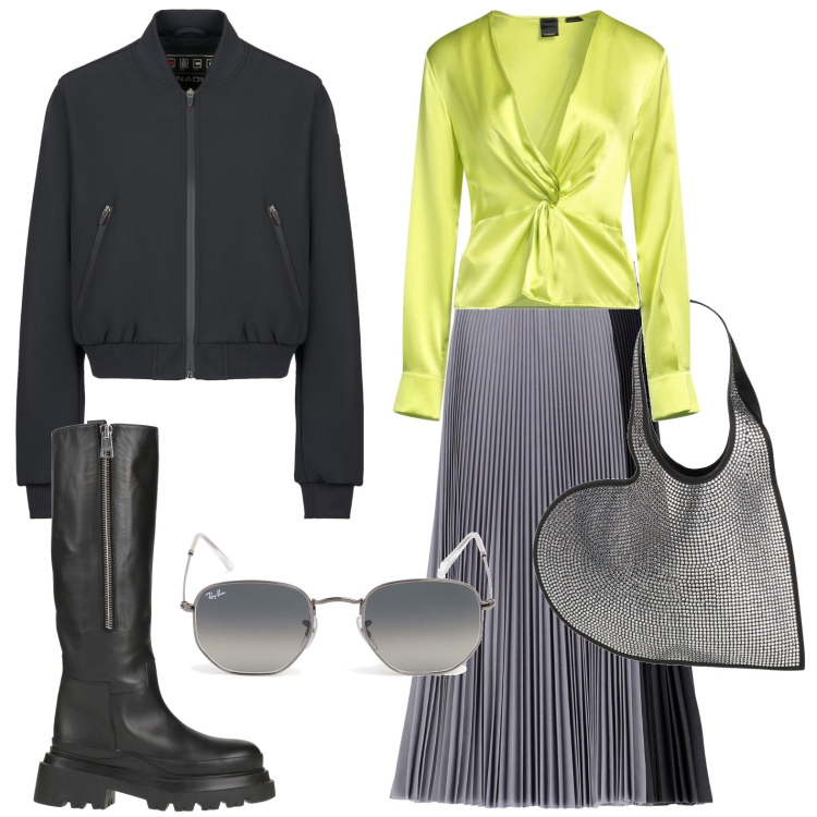 Outfit donna - Il drappeggio strategico. Stile Glamour per Serata fuori. Abbinamento con top, borse a mano, stivali, gonne lunghe, bomber, occhiali da sole.