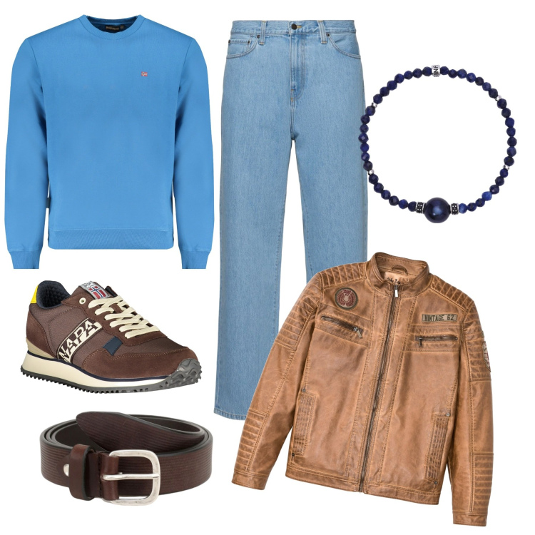 Outfit uomo - In pizzeria. Stile Casual per Tutti i giorni. Abbinamento con braccialetti, cinture, giacche, sneakers, jeans, felpe.