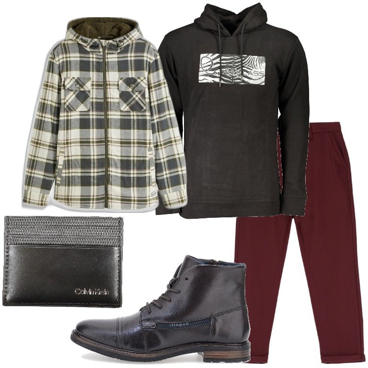 Outfit uomo - Una serata tra amici. Stile Trendy per Serata speciale. Abbinamento con cappotti, pantaloni, stivali e stivaletti, felpe con cappuccio, portafogli.