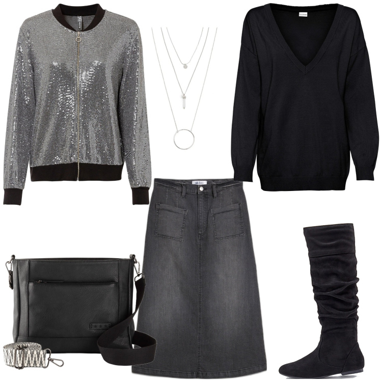 Outfit donna - Soft rock. Stile Rock per Tutti i giorni. Abbinamento con gonne longuette, stivali, ciondoli, borse a tracolla, maglieria, bomber.