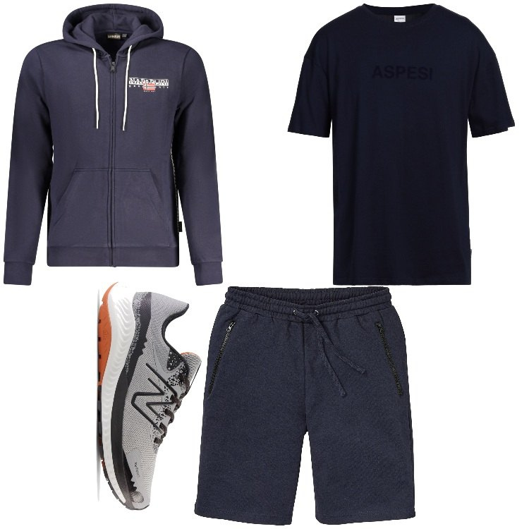 Outfit uomo - Oggi sport. Stile Casual per Sport. Abbinamento con t-shirt, bermuda, scarpe sportive, felpe con cappuccio.