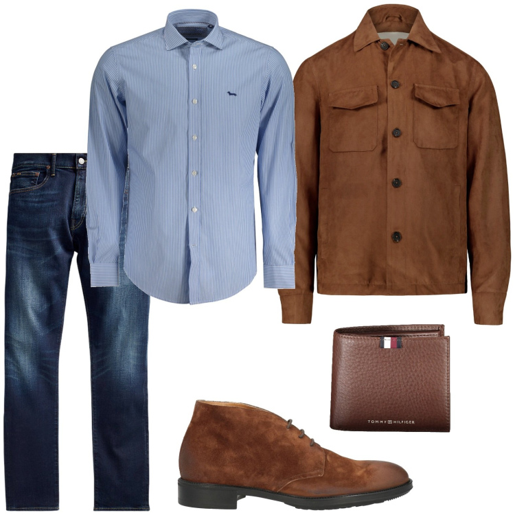 Outfit uomo - Eleganza quotidiana. Stile Casual per Ufficio. Abbinamento con stivali e stivaletti, jeans, giacche, camicie, portafogli.