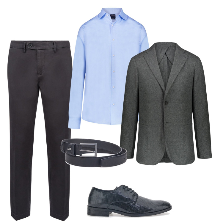 Outfit uomo - Serata in grigio e nero. Stile Business/Elegante per Serata speciale. Abbinamento con scarpe stringate, camicie, pantaloni chino, giacche, cinture.