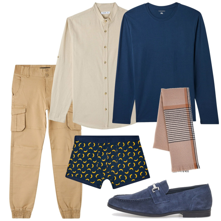 Outfit uomo - Pantaloni cargo color miele. Stile Trendy per Tutti i giorni. Abbinamento con camicie, pantaloni cargo, boxer, maglieria, sciarpe, scarpe stringate.