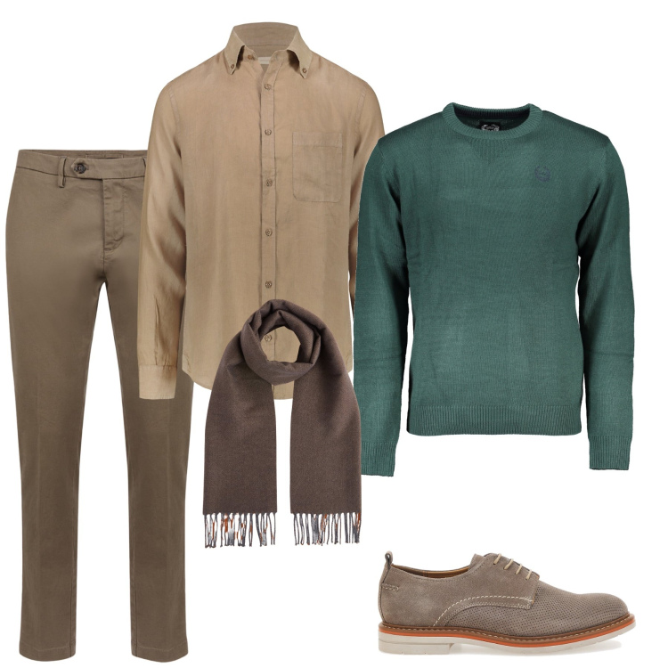 Outfit uomo - Marrone e verde di stile. Stile Casual per Ufficio. Abbinamento con pantaloni chino, camicie, scarpe stringate, maglieria, sciarpe.