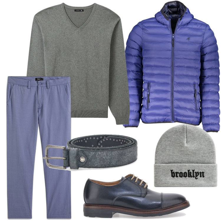 Outfit uomo - Tonalità violacee. Stile Casual per Tutti i giorni. Abbinamento con pantaloni chino, maglieria, berretti, scarpe stringate, cinture, giacche.