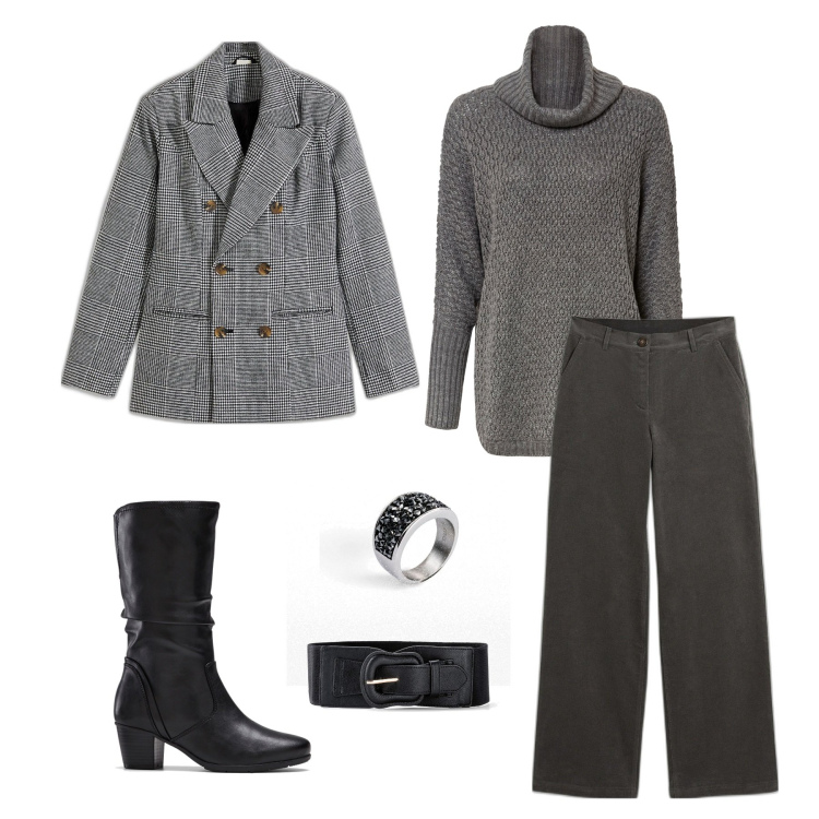 Outfit donna - Un outfit per tutte!. Stile Basic per Tutti i giorni. Abbinamento con pantaloni, stivali, cinture, maglieria, blazer, anelli.