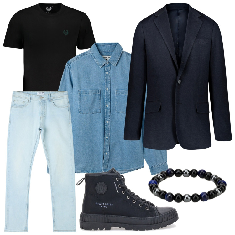 Outfit uomo - Denim contemporaneo. Stile Urban per Serata speciale. Abbinamento con jeans dritti, camicie, braccialetti, t-shirt, scarpe stringate, giacche.
