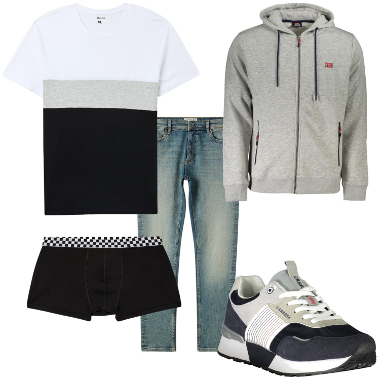 Outfit uomo - Total look #1992021. Stile Casual per Tutti i giorni. Abbinamento con t-shirt, boxer, jeans skinny, felpe con cappuccio, sneakers.