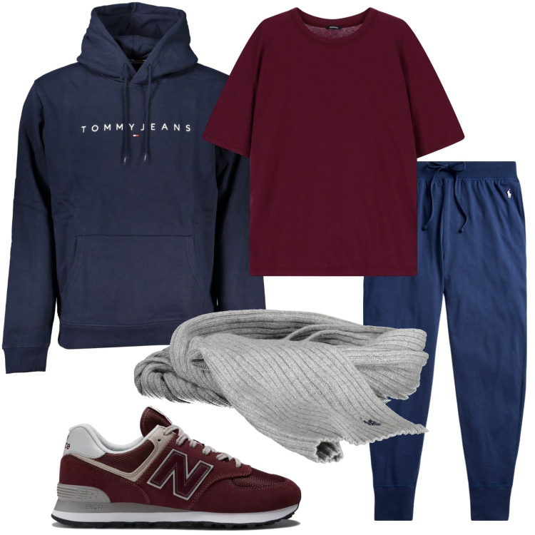 Outfit uomo - Sportivo in blu. Stile Trendy per Sport. Abbinamento con sneakers, t-shirt, pantaloni, felpe con cappuccio, sciarpe.