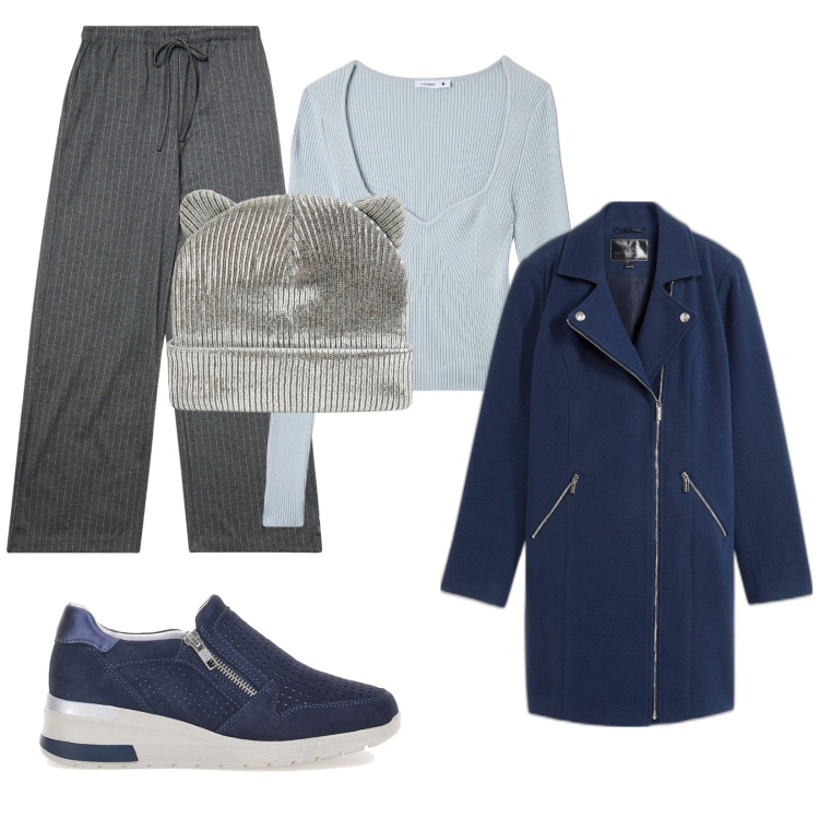 Outfit donna - Grigio e blu. Stile Casual per Tutti i giorni. Abbinamento con cappotti, berretti, maglieria, pantaloni, sneakers.