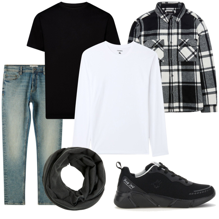 Outfit uomo - Sovrapposizione. Stile Casual per Tutti i giorni. Abbinamento con jeans skinny, sciarpe, cappotti, maglieria, sneakers, t-shirt.