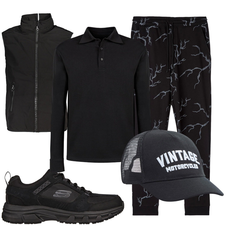 Outfit uomo - Black. Stile Casual per Sport. Abbinamento con pantaloni, cappelli, sneakers, polo, giacche.