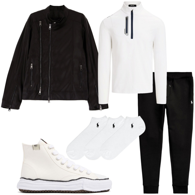 Outfit uomo - noir et blanc. Stile Trendy per Tutti i giorni. Abbinamento con giacche, calzini, pantaloni, pullovers, sneakers alte.