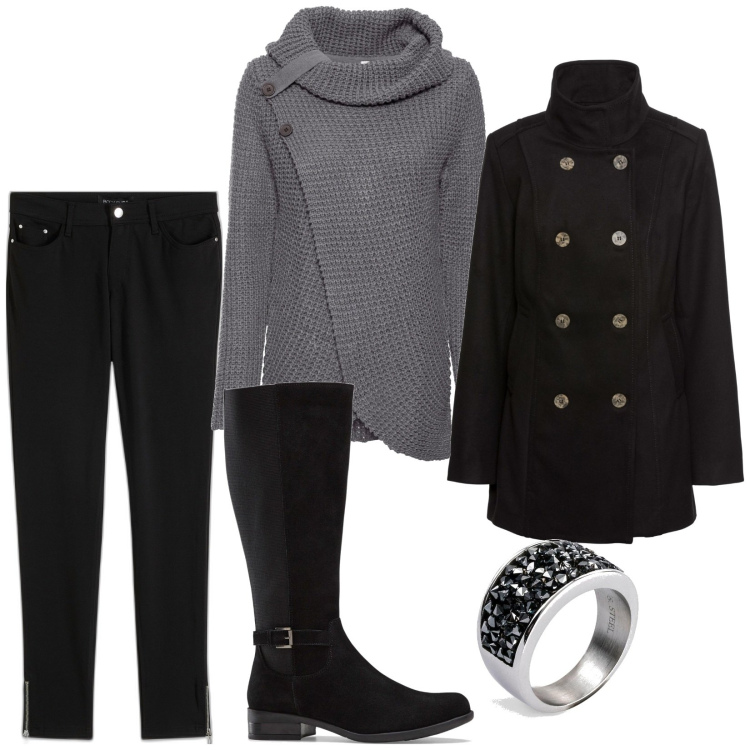 Outfit donna - Total look #1992050. Stile Casual chic per Tutti i giorni. Abbinamento con maglieria, pantaloni, stivali, caban, anelli.