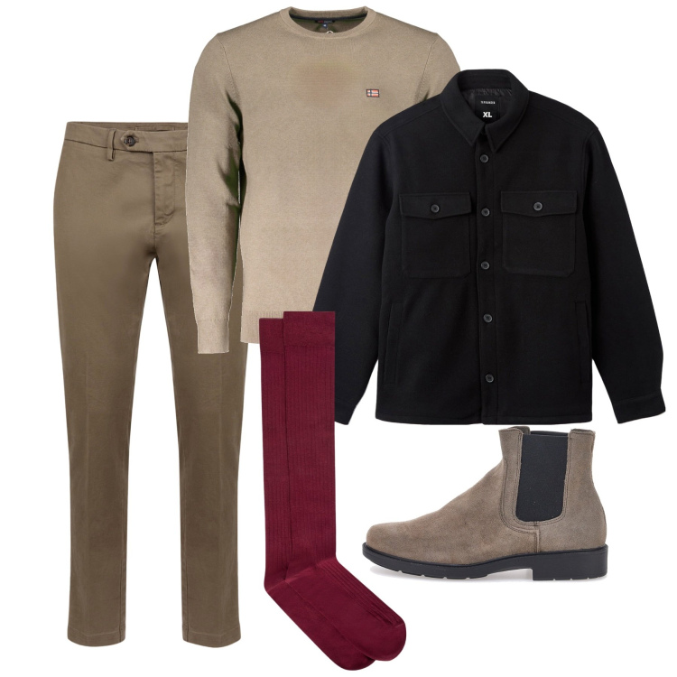 Outfit uomo - Novembre. Stile Casual per Tutti i giorni. Abbinamento con cappotti, pantaloni chino, maglieria, calzini, stivali e stivaletti.