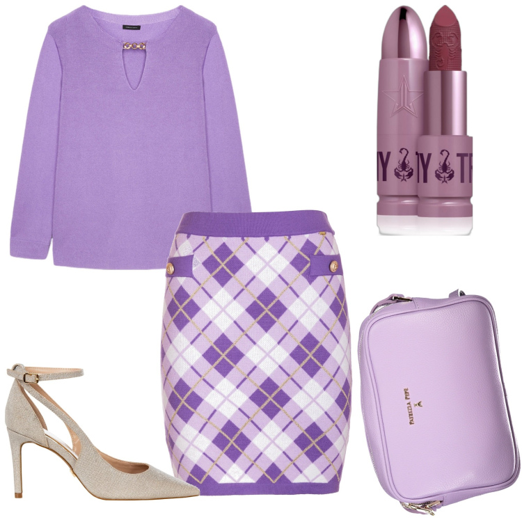 Outfit donna - In viola. Stile Chic per Ufficio. Abbinamento con rossetti, décolleté, gonne, maglieria, borse a tracolla.