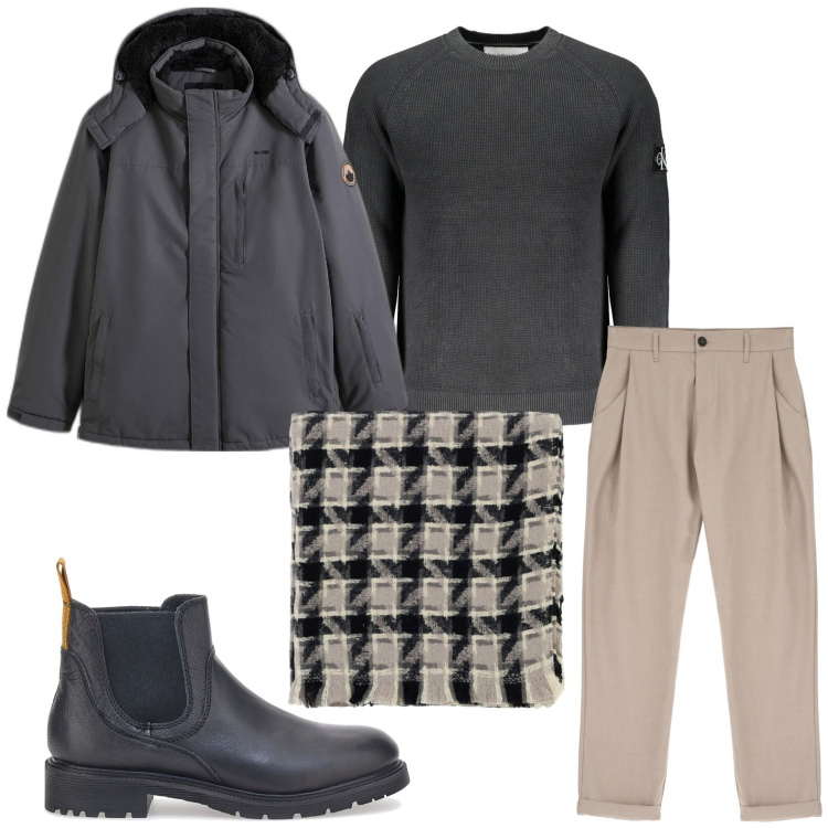 Outfit uomo - Unico e raffinato. Stile Trendy per Ufficio. Abbinamento con giacche, pantaloni, sciarpe, stivali e stivaletti, maglieria.