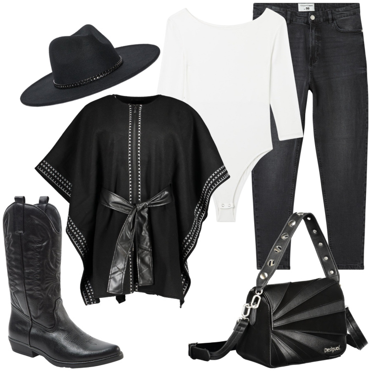 Outfit donna - Stile texano. Stile Boho per Tutti i giorni. Abbinamento con body, stivali, jeans skinny, cappotti, borse a spalla, cappelli.