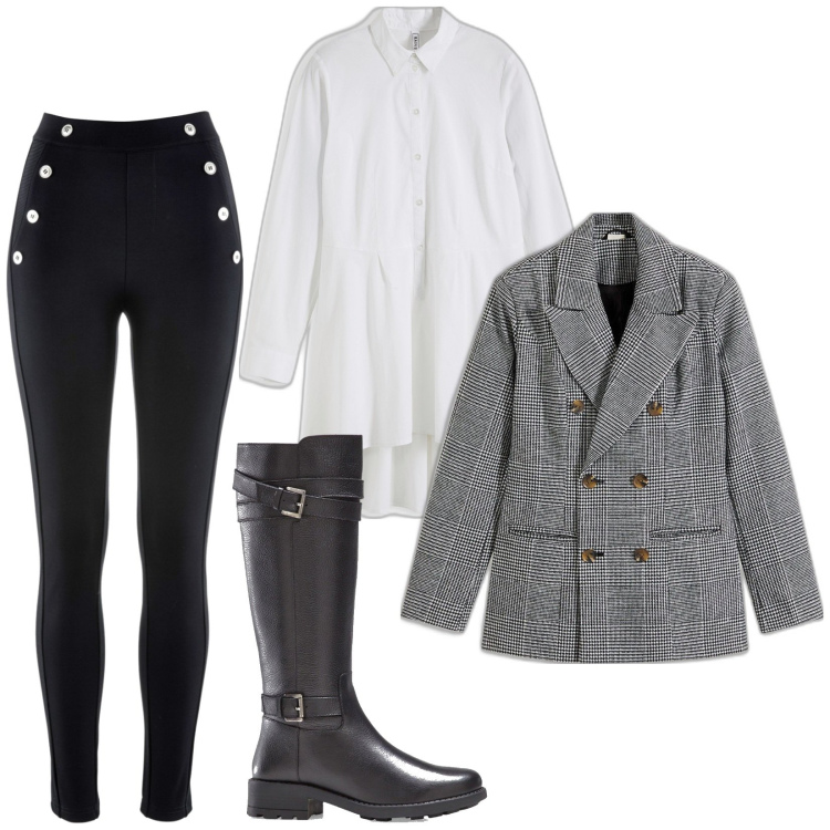 Outfit donna - La giacca grigia. Stile Casual chic per Tutti i giorni. Abbinamento con leggings, camicie, stivali, blazer.