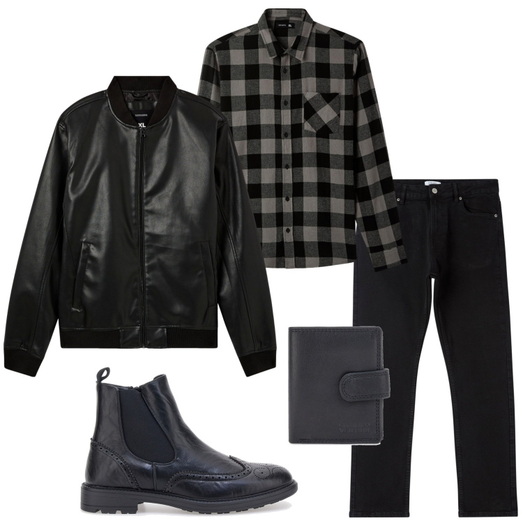 Outfit uomo - In città. Stile Casual per Tutti i giorni. Abbinamento con pantaloni, bomber, camicie, portafogli, stivali e stivaletti.